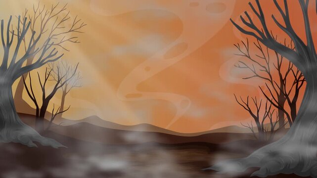 Spooky Animated Forest Landscape with Mist and Orange Sunset Sky