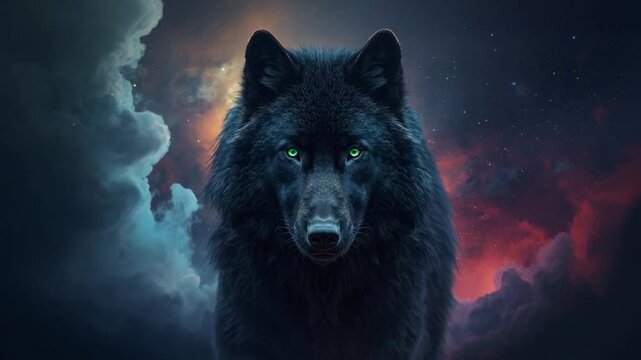 Majestic Black Wolf with Green Eyes against Cosmic Nebula. 4K Video
