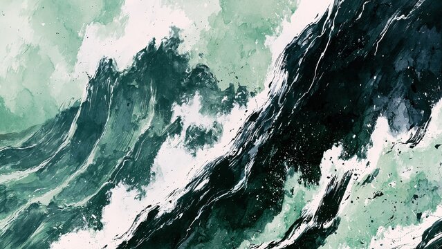 Dramatic dark green and white ocean waves crashing with ink splatters.
