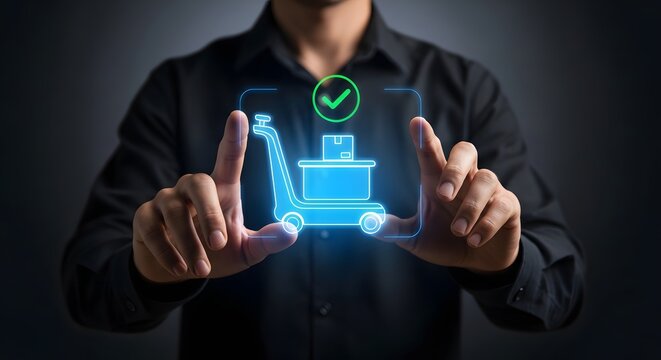 Business Person Using Digital Interface to Manage Successful Logistics and Supply Chain Order Delivery Process