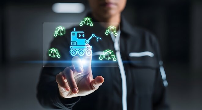 Professional interacts with a futuristic digital interface displaying an autonomous robot icon, symbolizing advanced artificial intelligence, automation, and innovative technological solutions