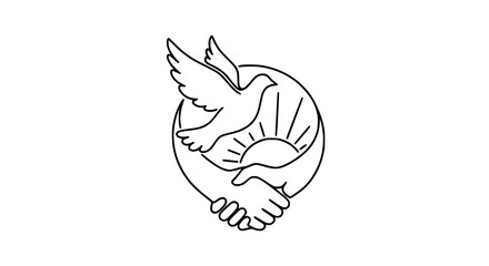 Fototapeta premium Dove carrying olive branch above handshake and sun, symbol of peace and unity, line art.