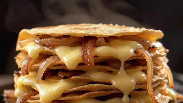 Hot Quesadilla Stack with Melting Cheese and Caramelized Onions