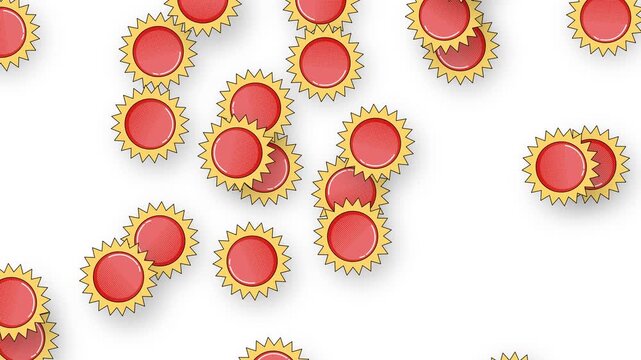 Falling Retro Red and Gold Starburst Bottle Caps on White Background