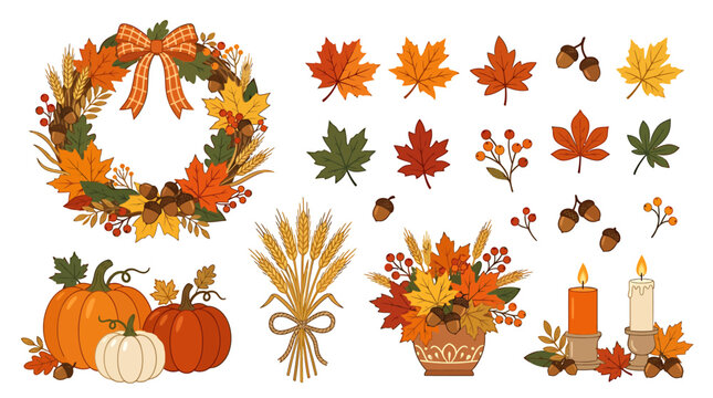 Autumn leaves and pumpkins arranged in a festive seasonal display with candles and wreath indoors.