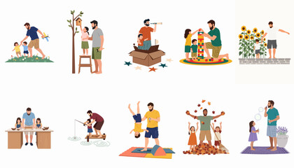 Fototapeta premium Illustrations of a father and his children bonding through various activities like fishing, baking, playing with toys, and gardening in a flat style.