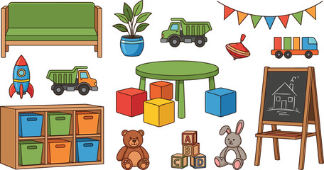 Playroom furniture and toys vector set with table storage shelf blackboard trucks and plush animals illustration © Utpal