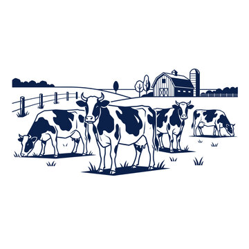 Farm scene with cows grazing near a barn and silo, rural landscape illustration