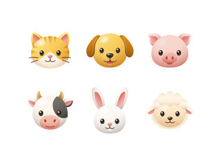 Fototapeta premium Farm Animal Cute 3D Emoji Icon Pack, cat, dog, pig, sheep, cow, and rabbit.