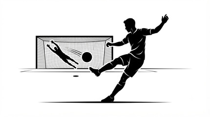 Silhouette of a soccer player shooting the ball into the goal with goalkeeper diving to save © Lapak orang bejo