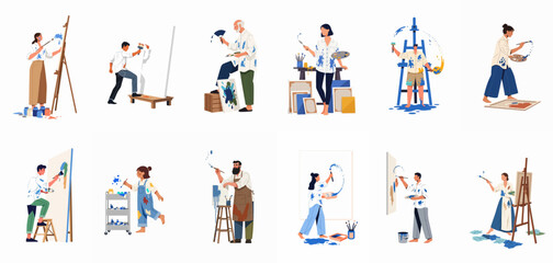 Fototapeta premium Collection of diverse male and female artists of different ages painting on large canvases, isolated flat vector illustration set on white background.