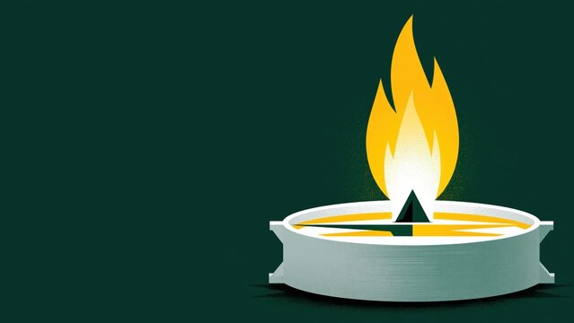 Flat graphic of white compass base emitting bright yellow flame.