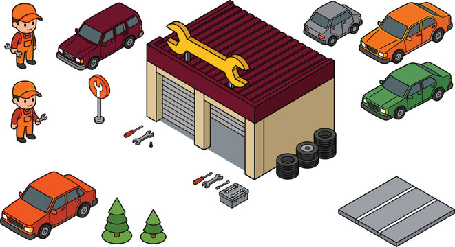 Isometric auto repair garage building vector illustration set featuring mechanic characters sedan cars tools tires road and tree elements,