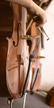 Close-up of a hand adjusting the strings on a cello during a performance- vertical