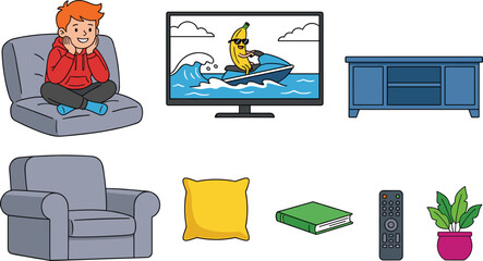 Living room furniture vector element set with boy watching tv armchair media console pillow remote and house plant.