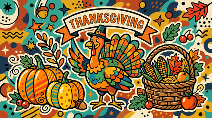 Obraz premium Vibrant Thanksgiving banner with turkey, pumpkin, and basket of food