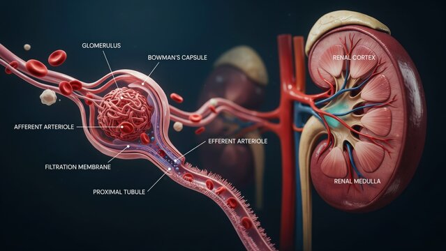 Medical 3d illustration showing human kidney anatomy and nephron filtration process transparent background