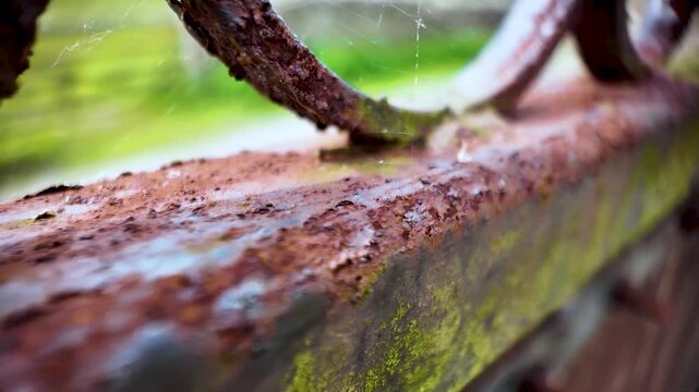 Closeup of rain falling on a corroded and mossy iron fence on a gloomy day