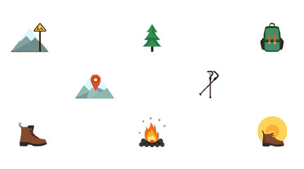 Naklejka premium Wilderness camping icon collection presenting pine tree, mountain location pin, sticks, and campfire