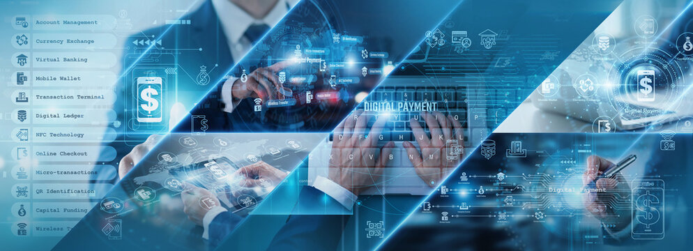 Digital Payment Transaction networks. Secure electronic gateways processing multi currency retail transactions instantly across an integrated global business network. Cashless commerce.