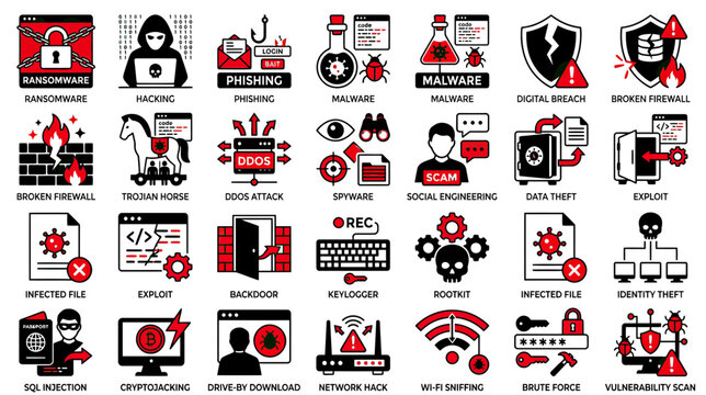 Cyber Security Threats and Hacking Icons Collection