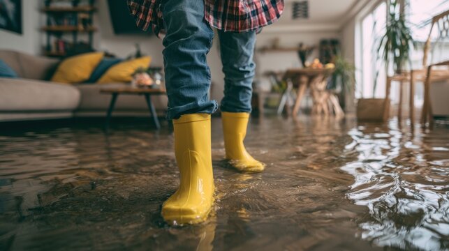Close-up of child wearing bright yellow rain boots standing barefoot in standing water flooding cozy modern living room with furniture and indoor plants during disaster