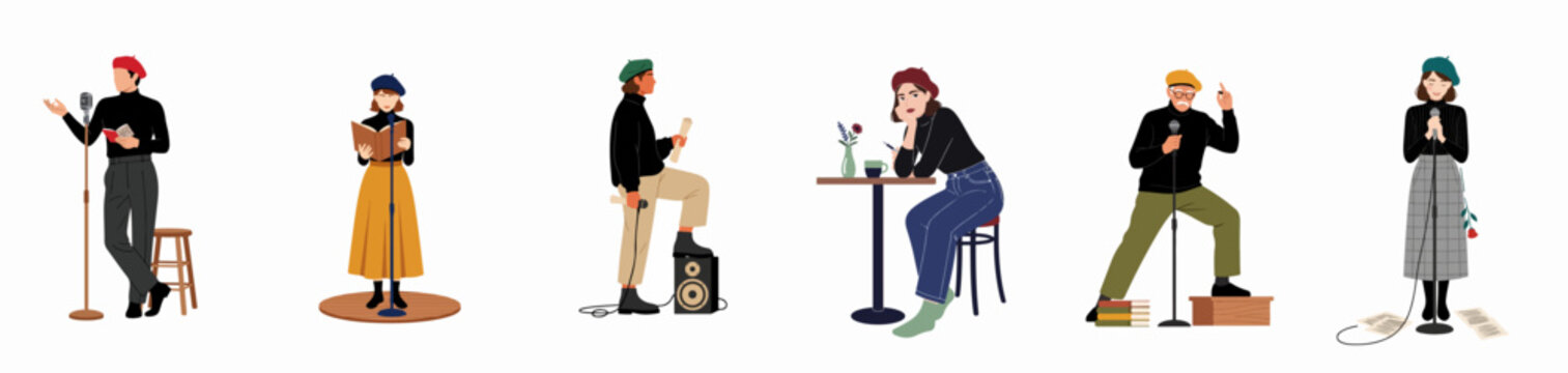 Diverse collection of bohemian people in berets performing poetry, singing, and reading during an open mic night or literary event.