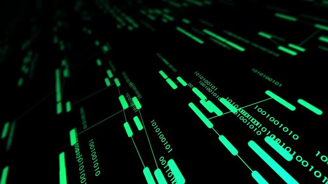 Futuristic green binary data stream representing machine learning and cyber security. Ideal for corporate technology presentations and digital transformation concepts.