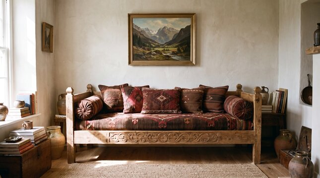 Cozy living room with rustic wooden daybed with surrounded vintage decor natural light vibrant blanket surrounded adorned patterned pillows serene living comfortable
