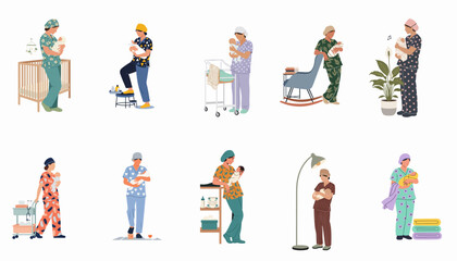 Fototapeta premium Set of healthcare workers and nurses in colorful patterned scrubs caring for newborn babies in various nursery and hospital settings.
