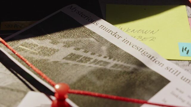 Slow cinematic pan reveals a crime investigation board filled with interconnected evidence and red twine, conveying mystery, conspiracy, and methodical detective work.