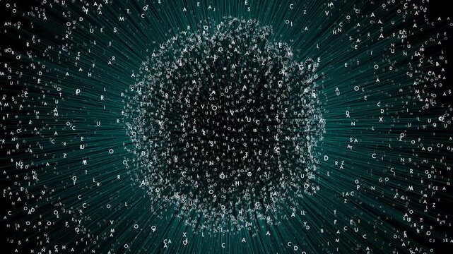 A dense sphere of digital text code characters streaming outwards to represent quantum cloud computing data arrays, artificial intelligence analytics, and global machine networks.