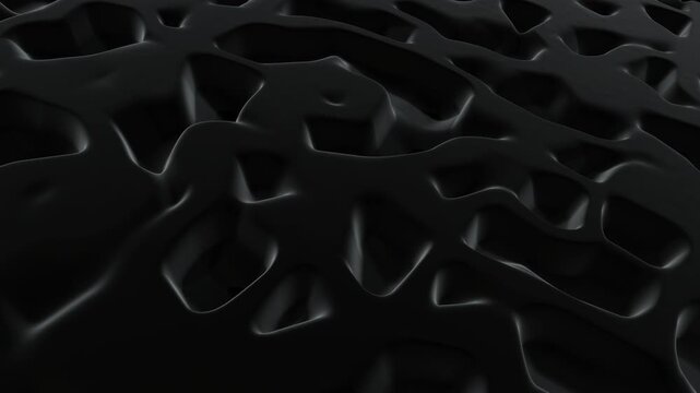Abstract 3D interconnected black organic mesh simulating cellular biology, nanotechnology lattice, or modern computational architecture.
