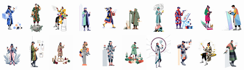 Fototapeta premium Collection of flat character illustrations showcasing people using virtual reality, augmented reality, and digital creative tools in a futuristic and artistic style.