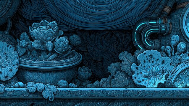 Monochromatic intricate line art of alien plants growing in pipes in teal blue.