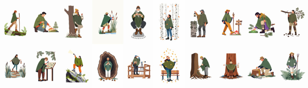 Collection of flat vector illustrations depicting people in green cloaks exploring nature, forest activities, magic, and wilderness adventures