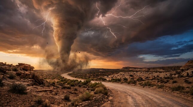 Huge tornado and lightning storm over a desert dirt road
