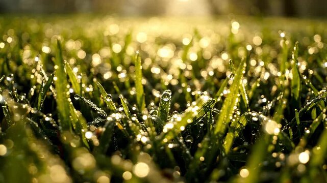 Dewdrops sparkling on fresh green grass blades at sunrise, backlit by warm golden sunbeams, evoking a serene morning atmosphere, perfect for nature and wellness themes
