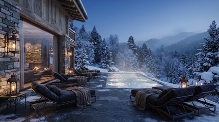 Fototapeta premium Winter chalet with outdoor hot tub and snow covered forest
