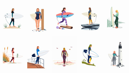 Fototapeta premium Collection of flat vector illustrations featuring diverse female surfers in wetsuits carrying surfboards at various coastal locations like beaches, piers, and lighthouses.