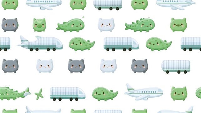 Seamless pattern of cute cartoon vehicles like airplanes and trucks on a white background with seamless airplane transportation background childish illustration repeating delivery wallpaper