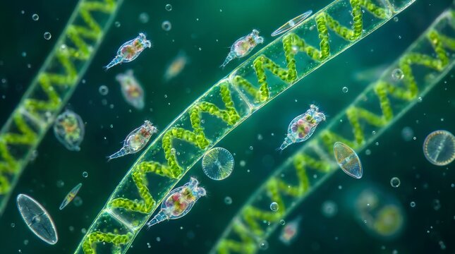 Microscopic view of rotifers and spirogyra green algae