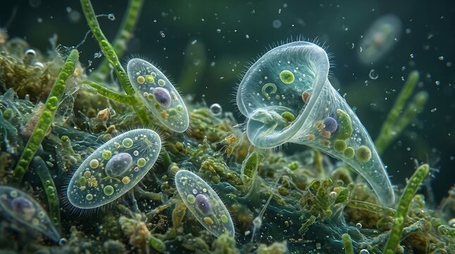 Microscopic view of vorticella ciliates and green algae