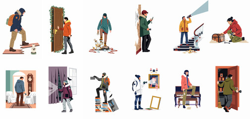 Collection of illustrations depicting people exploring abandoned, old, and mysterious house interiors using flashlights and wearing warm winter apparel. © ananda