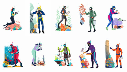 Fototapeta premium Set of diverse marine biologists and scuba divers conducting scientific research and data collection in underwater environments with coral reefs and marine life.