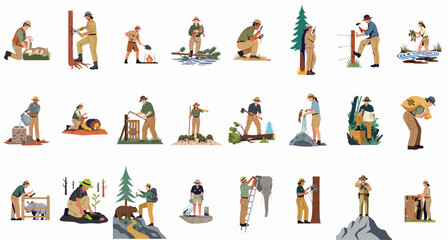 Collection of park rangers and wildlife conservationists performing various environmental protection, animal rescue, habitat management, and research tasks in a flat vector style. © Minjun
