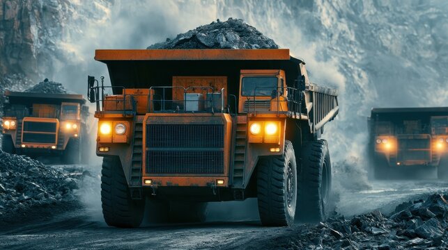 Large heavy duty mining truck loaded with coal moves through rugged terrain in open pit mining operation with dust and rocky background during industrial excavation
