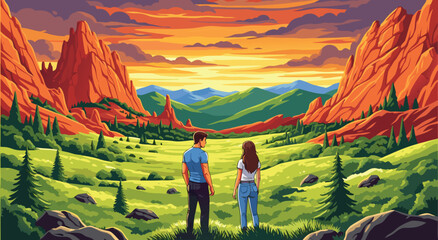 A Scenic Couple Standing in a Mountain Valley Sunset Vector Illustration Design Featuring Vibrant Natural Landscapes and Soft Golden Hour Light © Purnomo Semlirick