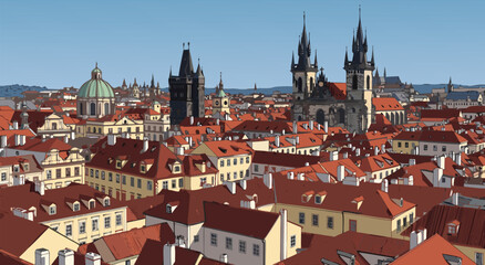 Fototapeta premium Panoramic Vector Illustration Design of an Old European City Featuring Iconic Rooftops and Historical Architecture for Creative Projects 0