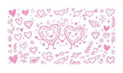 Fototapeta premium Retro heart cartoon mascot characters set with cute Valentine doodle elements